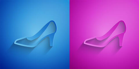 Sticker - Paper cut Woman shoe with high heel icon isolated on blue and purple background. Paper art style. Vector