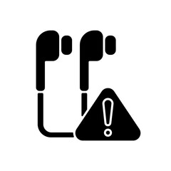 Sticker - Broken earphones black glyph icon. Headphone plug problem. Distorted or fuzzy sound. Earbuds connection issue. Sound malfunction. Silhouette symbol on white space. Vector isolated illustration