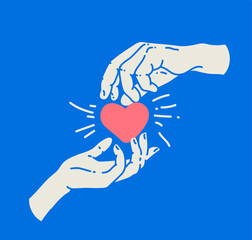 Love or support or couple relationships concept with man hand and woman hand silhouettes holding red heart isolated on blue background. Vector illustration
