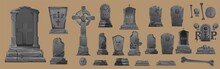 Gravestones Set. Old Tomb Collection. Ancient RIP. Collection Of Gravestones. Concept Cartoon Gravestone In Different. Halloween Elements Set. Grave On White Background
