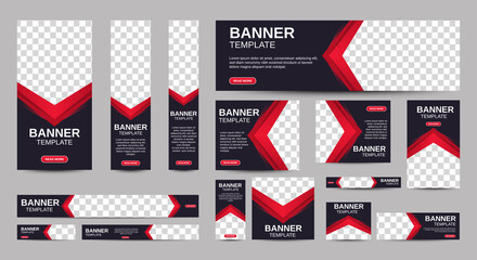 Wall Mural - Black and red Banner templates set with standard size for web. Business banner with place for photos for Social Media, Cover ads banner, flyer, invitation card. Vector EPS 10
