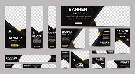 Black and gold Banner templates set with standard size for web. Business banner with place for photos for Social Media, Cover ads banner, flyer, invitation card. Vector EPS 10