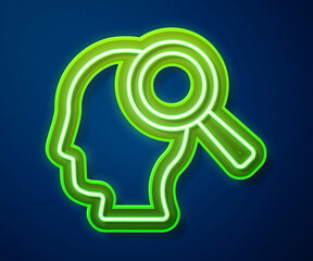 Wall Mural - Glowing neon line Magnifying glass for search a people icon isolated on blue background. Recruitment or selection. Search for employees and job. Vector