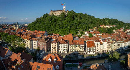 Wall Mural - Aerial panoramic view of the old part of Ljubljana with castle, Slovenia