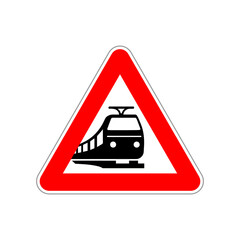 Train silhouette on the triangle red and white road sign on white