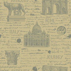 Wall Mural - vector image of seamless texture with antique italy landmarks in the style of traveler notes and sketches