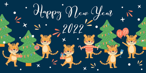 Wall Mural - Merry Christmas and Happy New Year banner. Greating card or poster with cute tigers, symbol 2022, year mascot. Holiday winter concept with vector character