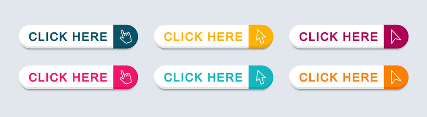 click here web buttons. set of action button click here with arrow pointer. vector illustration.