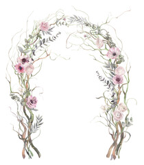 Garden wedding arch of tender flowers, branches and eucalyptus. Hand painted watercolor illustration.