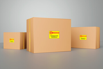 Concept of transportation of dangerous goods and hazardous materials. Cardboard boxes with a sticker 