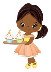 Canvas Print - Cute Little African American Girl Holding Tray with Cupcakes