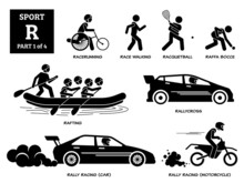 Sport Games Alphabet R Vector Icons Pictogram. Racerunning, Race Walking, Racquetball, Raffa Bocce, Rafting, Rallycross, Rally Racing Car, And Rally Racing Motorcycle.