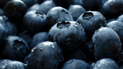 Wall Mural - Blueberry berry background. Macro. Fresh blueberry background. Water drops on ripe blueberries. Background from freshly picked blueberries, close-up. Blue berries of blueberry close-up, macro.