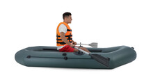 Man In Life Vest Rowing Inflatable Rubber Boat On White Background