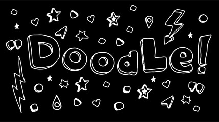 Wall Mural - Vector set of word DOODLE and simple elements asterisks, circles, squares, zippers, quotes, exclamation mark, hearts, star, hand-drawn in doodle style isolated white outline on a black background for 