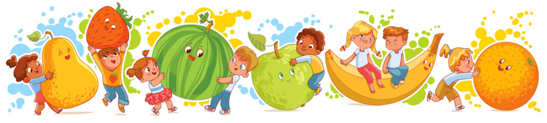 Cute little kids having fun and playing with big fruits