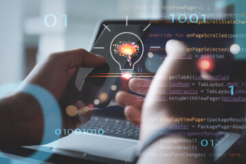 Wall Mural - ai, artificial intelligence, digital software technology development. man computer programmer using 