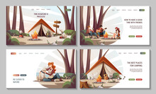 Set Of Web Pages With People Sitting In The Campsite In Nature. Summertime Camping, Traveling, Trip, Hiking, Camper, Nature, Journey Concept. Vector Illustration For Poster, Banner, Website.