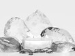 An ice stand for displaying your procuct 3D render, surrounded by ice stones on white background