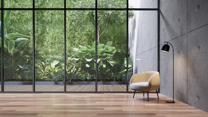 Empty glass room with tropical green plant wall background 3d render, There are wooden floor and concrete wall decorate with white fabric louge chair