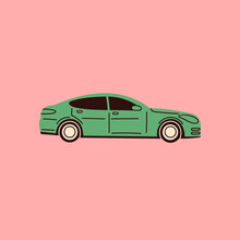 Green Sedan. Side View. Colored Isolated Icon. Logo, Print Template. Automobile, Vehicle, Motor Transport Concept. Cartoon Style. Hand Drawn Trendy Vector Illustration