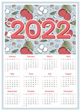 Lychee Calendar 2022 Week Starts On Sunday, Red Berries With Green Leaves On Blue Background For Wall Poster, Card, Agenda, Print. Vector Illustration