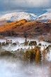 Scenic view of mist rolling through forest trees on a cold Winter afternoon with snowcapped mountains in background. Lake District, UK. 
