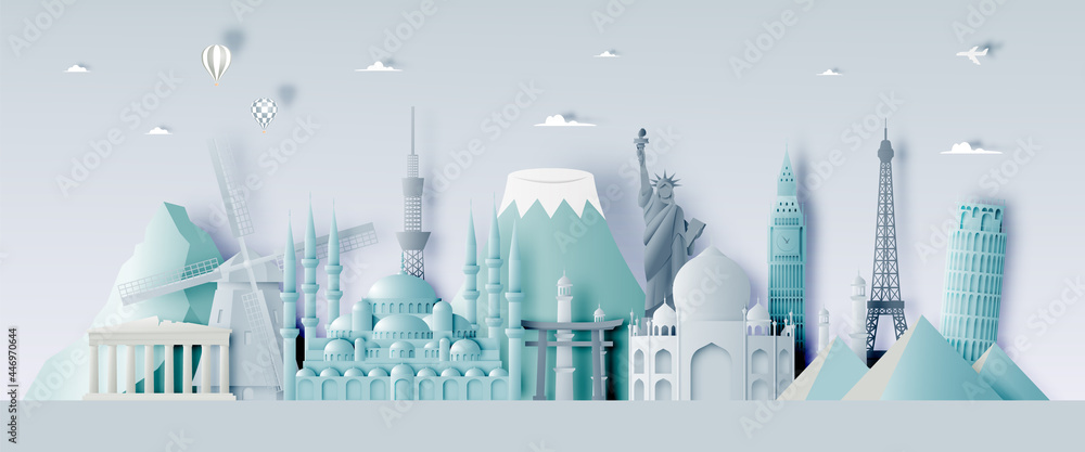 Various travel attractions in paper art style - obrazy, fototapety, plakaty 