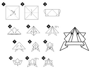 Fototapete - Tutorial how to make origami frog. Step by step instructions. Animal from paper square without scissors.