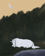 white unicorn at night in the forest illustration