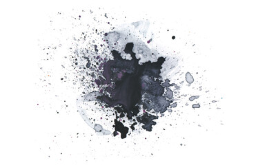Wall Mural - black art watercolor flow blot with drops splash. abstract texture color stain on white background.