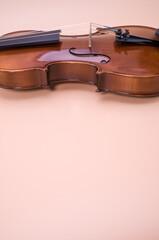 Canvas Print - Vertical shot of violin isolated on light pink background