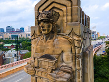 Art Deco "Guardians Of Transportation" Statue In Cleveland On The Hope Memorial Bridge. Guardian With Coal Train Car.