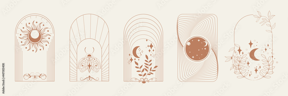 Esoteric Linear Boho Logos and Frames elements. Boho arch frame with celestial moth, moon, flower. Mystical vector illustration - obrazy, fototapety, plakaty 