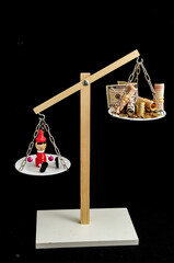 Vertical shot of the weighting balance machine showing the weight of two non-equal things.