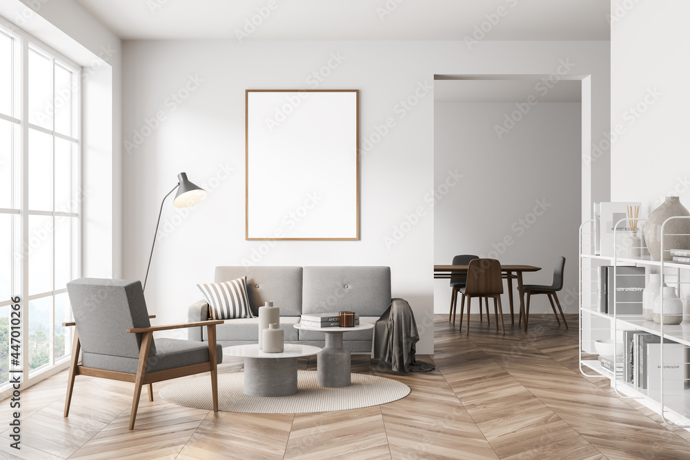 Mock up empty posters on the wall. Modern living room interior. Wooden floor and stylish furniture. Concept of contemporary design. - obrazy, fototapety, plakaty 