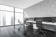 © ImageFlow - Three workplaces in the office corner with panoramic windows in grey