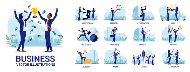 Aufkleber - Business people illustration collection - Set of business concepts with activities like competition, research, ideas, profits and more. Vector format with white background