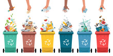 Garbage Segregation. Waste Separate, Classification And Recycling Concept. Colored Dustbin Or Trash Cans For Each Type - Organic, Metal, Paper, Plastic, Glass, E-waste And Other.