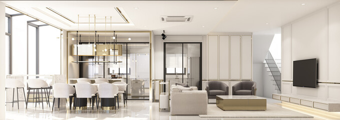 Wall Mural - interior design modern classic style of living and dining area with white marble and gold texture and white furniture built-in 3d rendering interior panorama