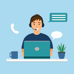 Customer service, call center, customer support concept vector illustration. Man staff working with laptop computer. Gamer or freelancer.