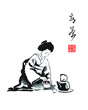 A young girl making tea. Text - 