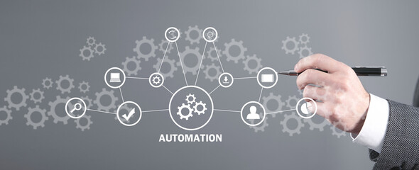 Male hand draws in screen. Automation. Technology. Process