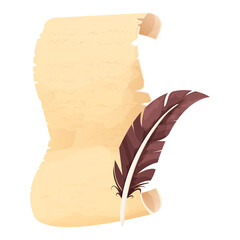 Wall Mural - Old scroll of parchment, papyrus and feather pen in cartoon style isolated on white background. Empty frame, decoration, antique manuscript. 