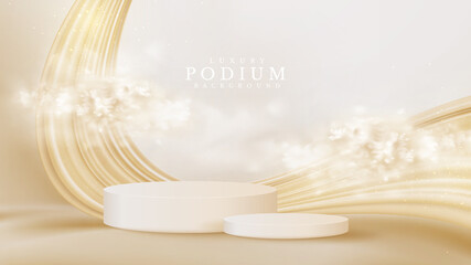 Wall Mural - Realistic white product podium showcase with cloud and golden liquid on back. Luxury 3d style background concept. Vector illustration for promoting sales and marketing.