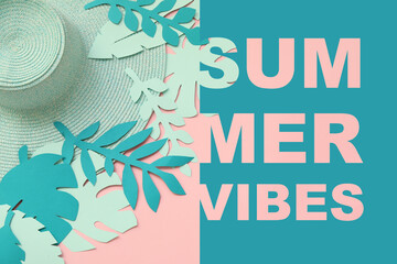 Sticker - Beach hat with text SUMMER VIBES on color background