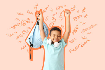 Sticker - Happy African-American schoolboy on color background