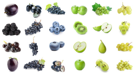  Set of bright fruits and berries on white background
