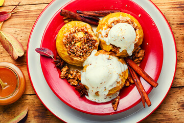 Wall Mural - Baked apples with cinnamon and oatmeal