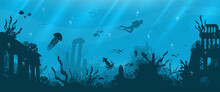 Underwater Background With Various Sea Views. Underwater Scene. Cute Sea Fishes Ocean Underwater Animals. Undersea Bottom With Corals Seaweeds 